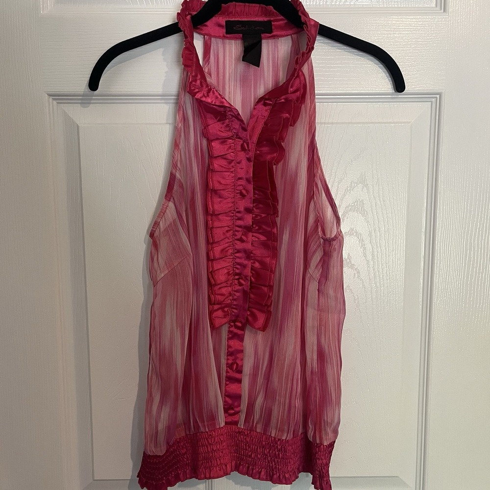 Seduction Y2K 90s Sheer Ruffled Pink Button‎ Up McBling Blouse Trashy 200s Bimbo
